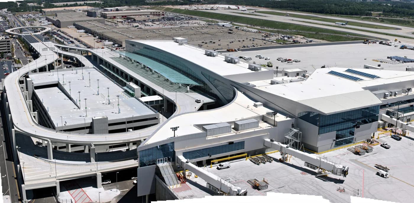 LuxShuttle private car service alternative to ATL international hourly parking — aerial view of Hartsfield-Jackson international terminal
