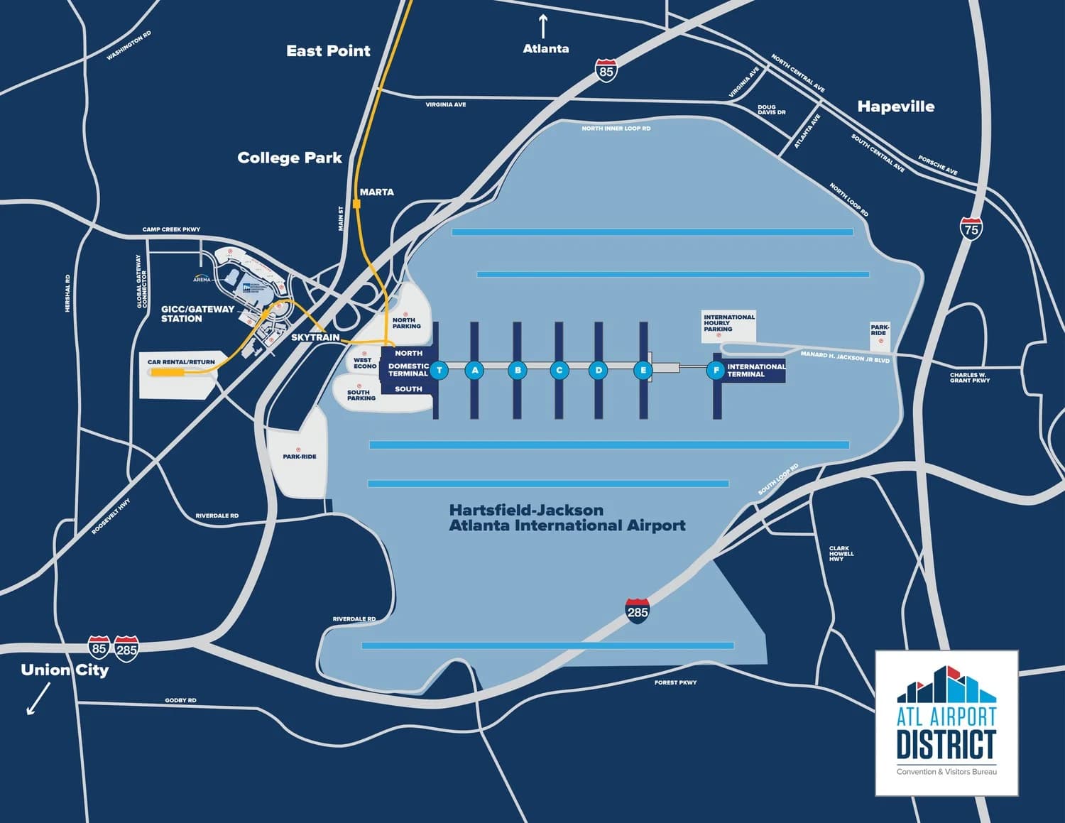 Hartsfield-Jackson Atlanta International Airport terminal map showing all concourses T, A, B, C, D, E, F, domestic and international terminals, parking, and SkyTrain