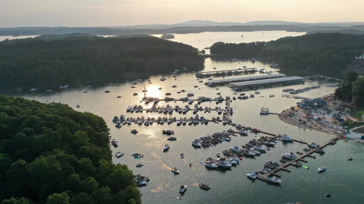 LuxShuttle private transfer to Lake Lanier — aerial marina view near GVL airport