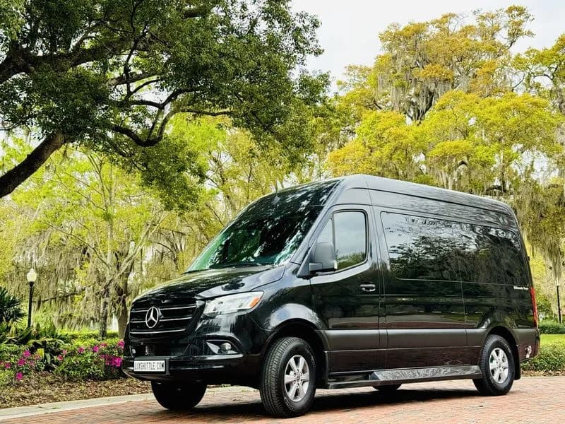 LuxShuttle Mercedes-Benz Sprinter in a Southern park with Spanish moss