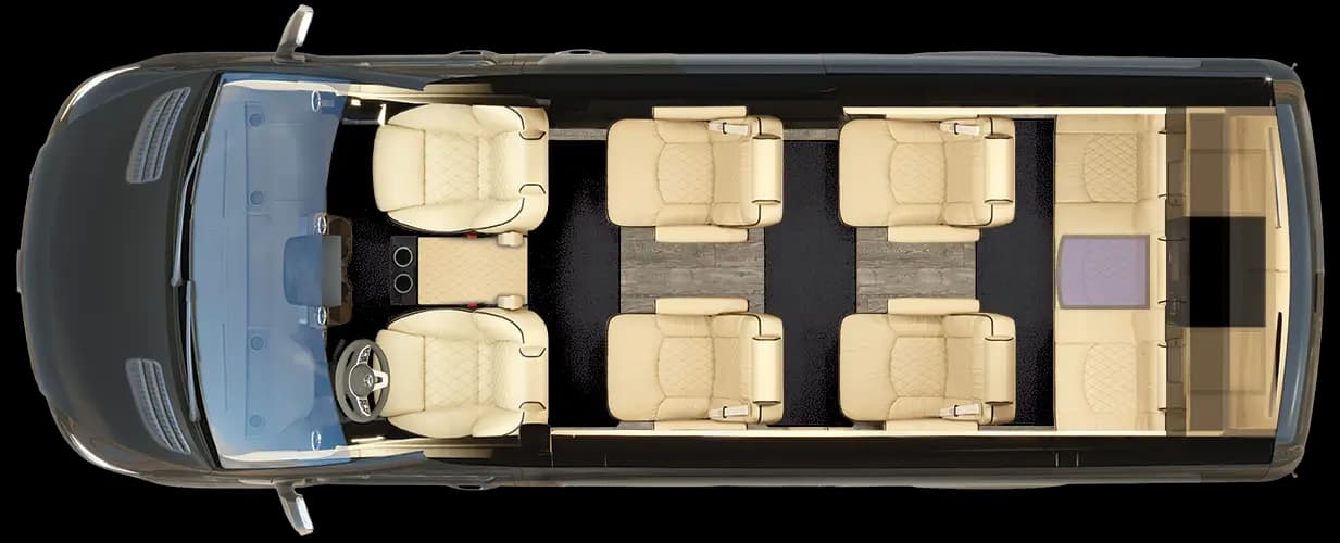 LuxShuttle Mercedes Sprinter floor plan showing cream leather captain's chairs and convertible rear bench