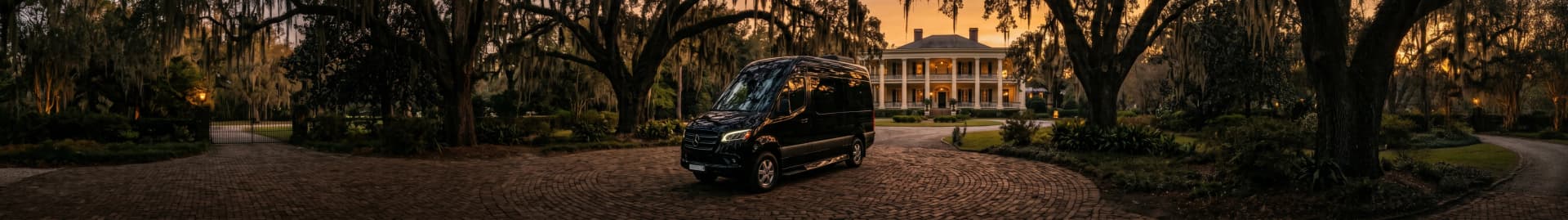 LuxShuttle Mercedes-Benz Sprinter at a Southern estate during golden hour — The Art of Arrival