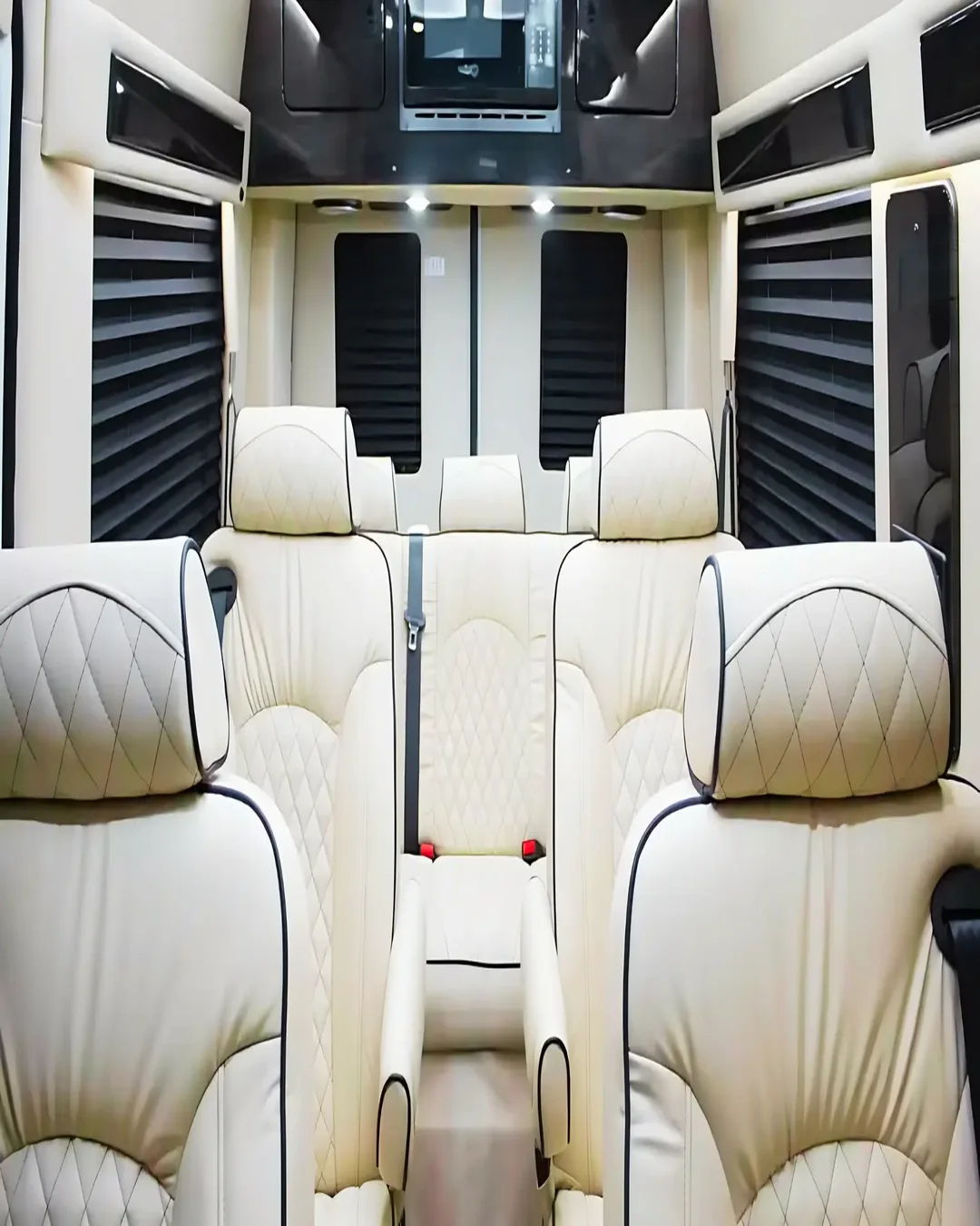LuxShuttle Mercedes Sprinter cream leather interior configured for family airport transfer Atlanta