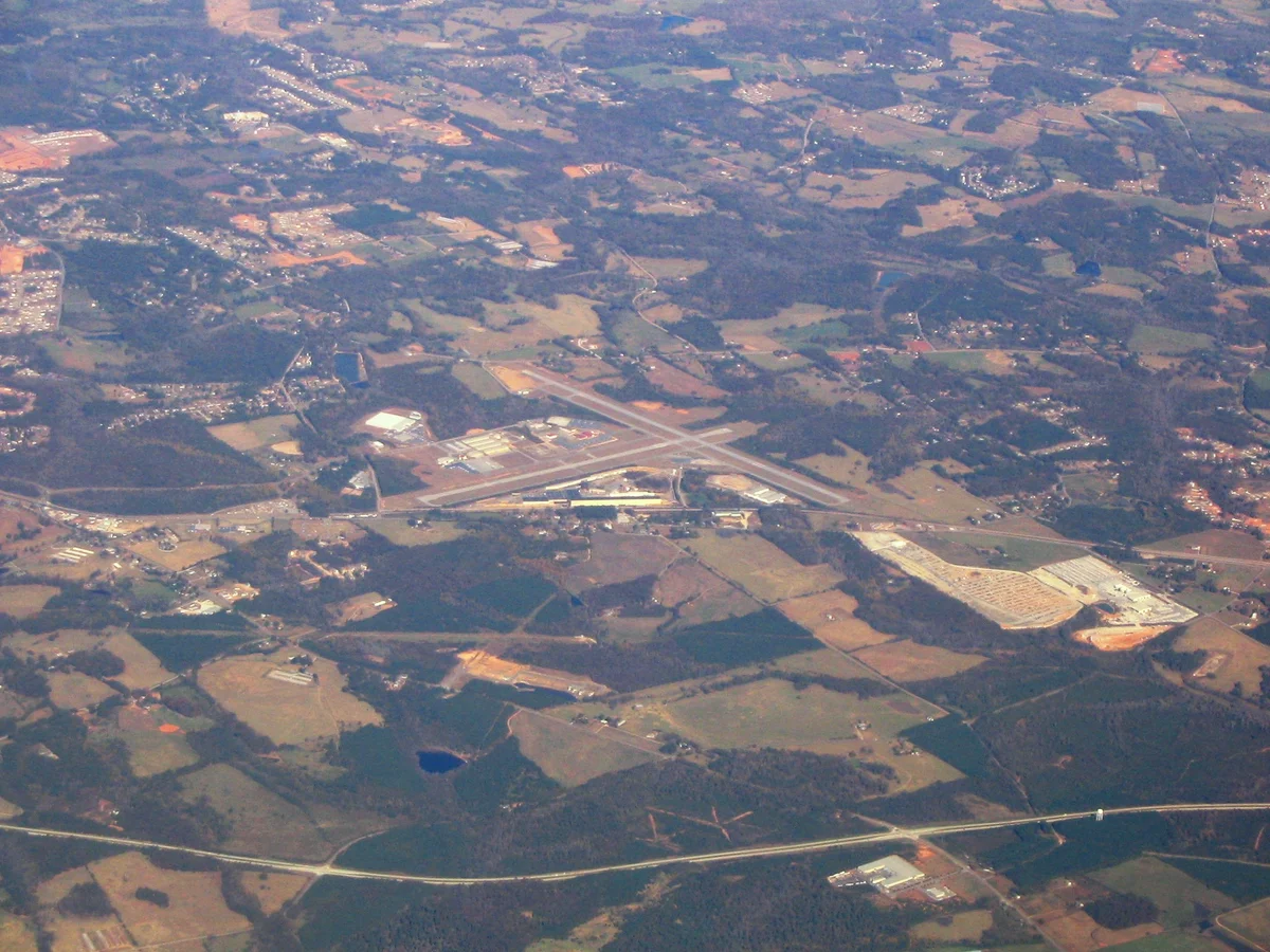 Barrow County Airport WDR aerial view of runway and hangars Winder Georgia