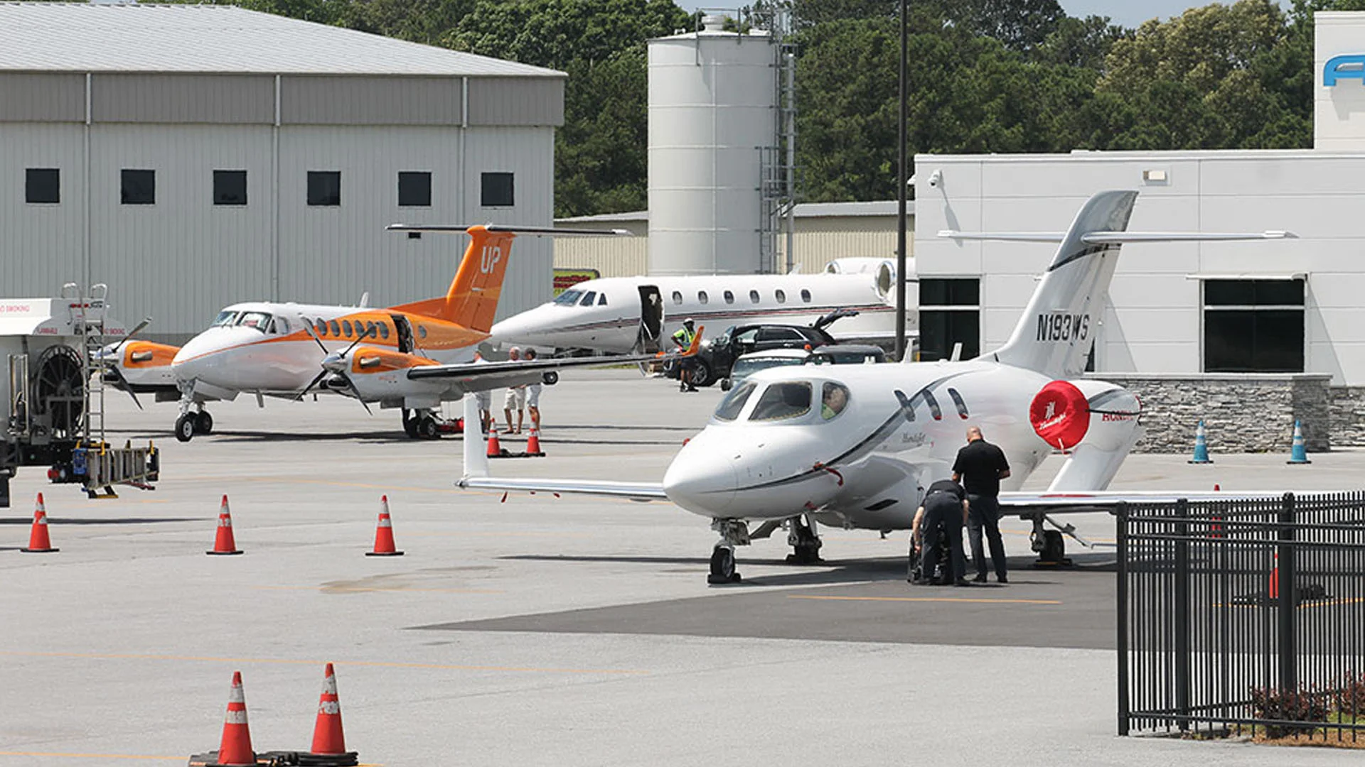 Aerial view of DeKalb-Peachtree Airport PDK ramp and hangars